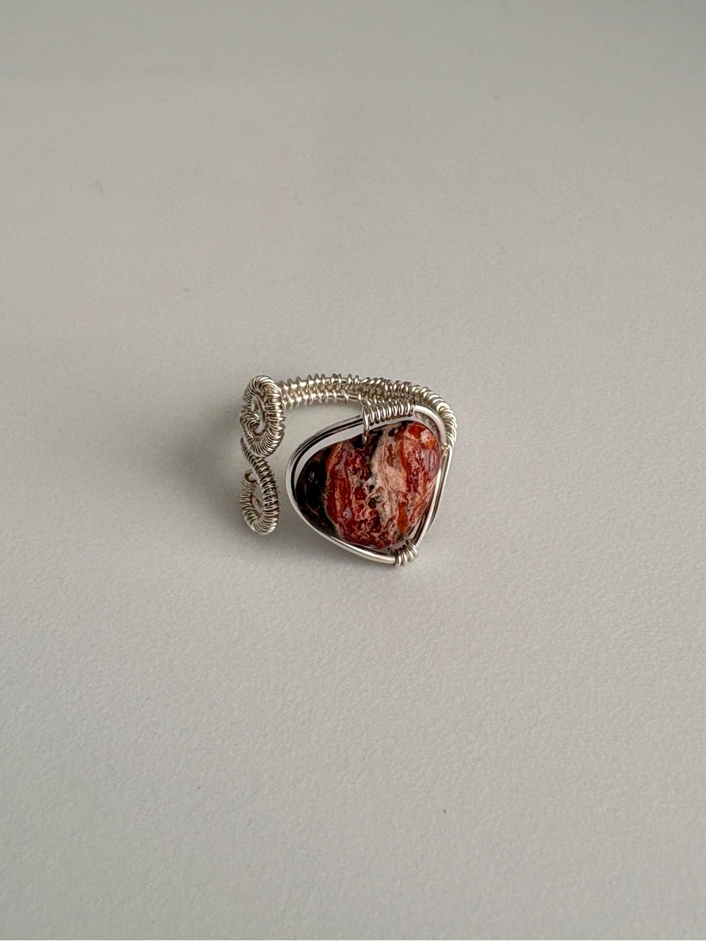 NWOT Handcrafted Red Jasper Heart Ring with Silver Wire Wrap Size 6 Adjustable